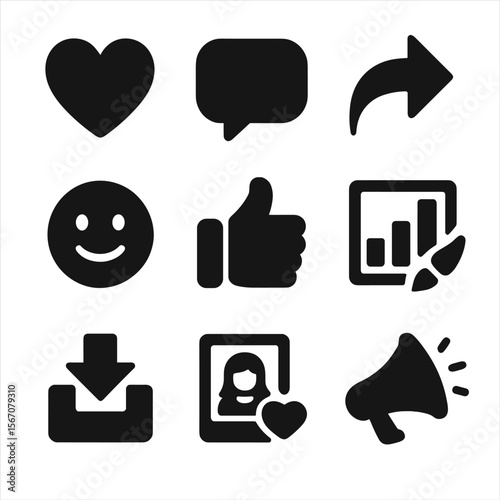 User Engagement Icons. Solid, filled icons set of user engagement in art: heart icon, comment bubble, share