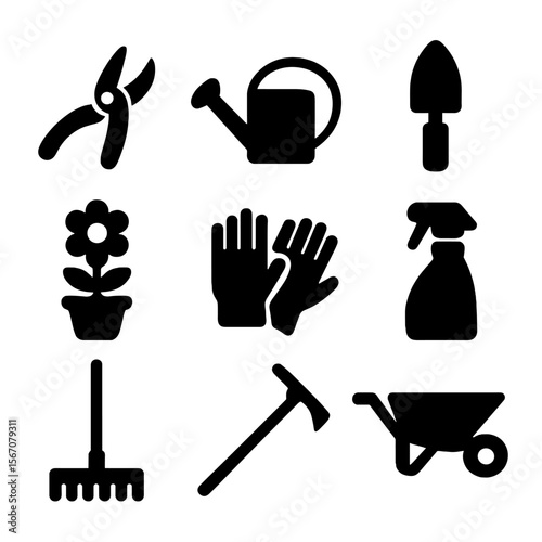 Floriculture Tools Icons. Solid, filled icon set of floriculture tools: pruning shears, watering can, trowel, flower pot, garden