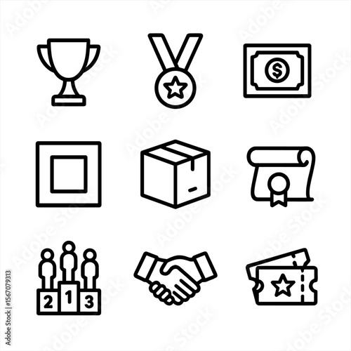 Award Icons Set. Outline icon set of awards, sponsorship, and logistics: trophy cup, medal ribbon, cash prize stack, sponsor logo