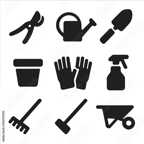 Floriculture Tools Icons. Solid, filled icon set of floriculture tools: pruning shears, watering can, trowel, flower pot, garden