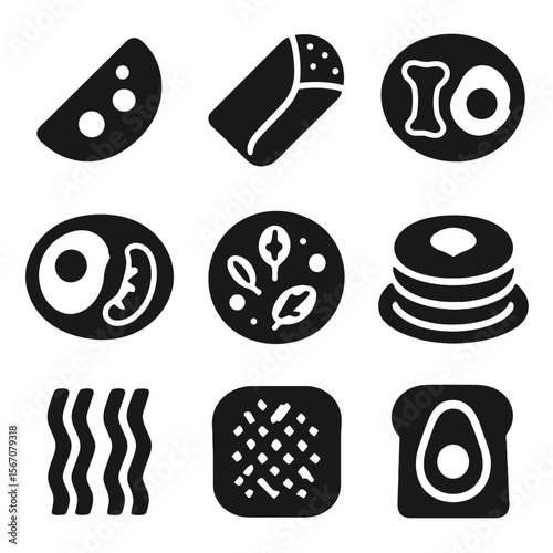 Protein Breakfast Icons. Solid, Filled icon set of protein-packed breakfasts: omelette, breakfast burrito, steak and eggs, sausage