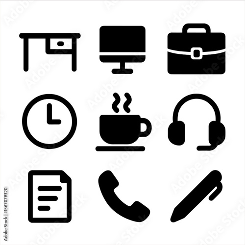 Flexible Work Icons. Solid, filled icon set of flexible work environment: desk, computer, briefcase, clock, coffee cup, headphones