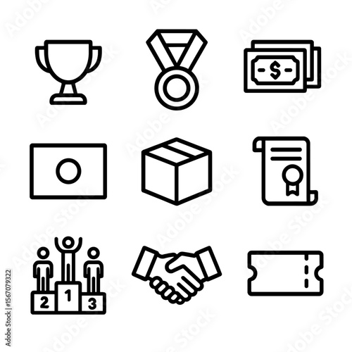 Award Icons Set. Outline icon set of awards, sponsorship, and logistics: trophy cup, medal ribbon, cash prize stack, sponsor logo