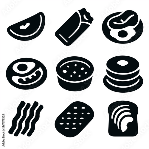 Protein Breakfast Icons. Solid, Filled icon set of protein-packed breakfasts: omelette, breakfast burrito, steak and eggs, sausage