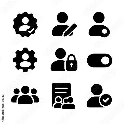 User Role Icons Grid. Solid, filled icon set of access and user roles: admin badge, editor icon, viewer icon, role setting gear,