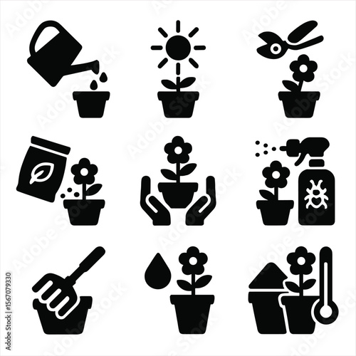 Flower Pot Care Icons. Solid, filled icon set of flower pot care: watering, sunlight, pruning, fertilizing, repotting, pest