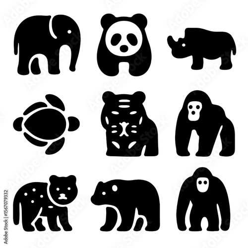Endangered Species Icons. Solid, filled icon set of endangered species protection: elephant, panda, rhino, sea turtle, tiger,