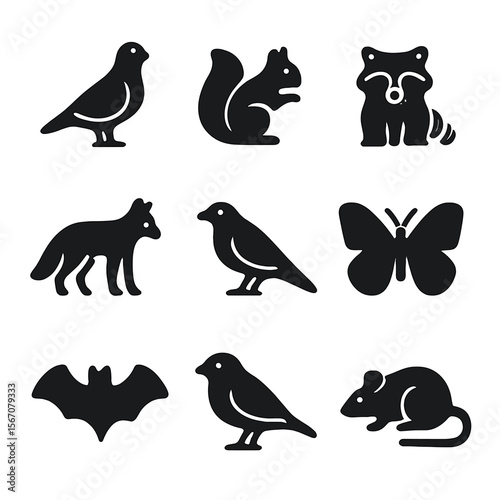 Urban Wildlife Icons. Solid, filled icons set of urban wildlife: pigeon, squirrel, raccoon, city fox, crow,