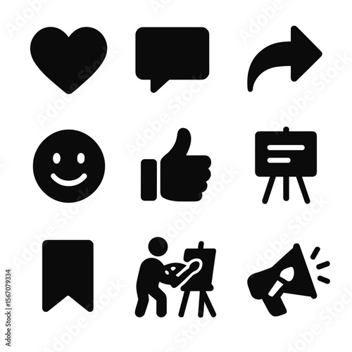 User Engagement Icons. Solid, filled icons set of user engagement in art: heart icon, comment bubble, share