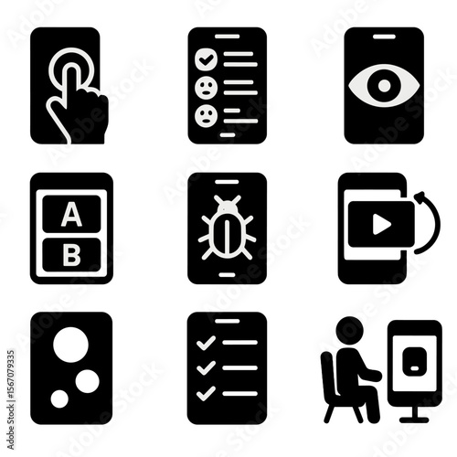 UX Testing Icons. Solid, filled icon set of UX testing for mobile: user tap icon, feedback form, eye tracking, AB testing, bug