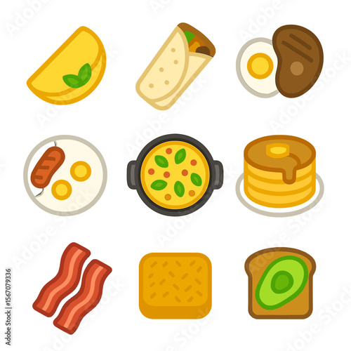 Protein Breakfast Icons. Flat icon set of protein-packed breakfasts: omelette, breakfast burrito, steak and eggs, sausage platter,