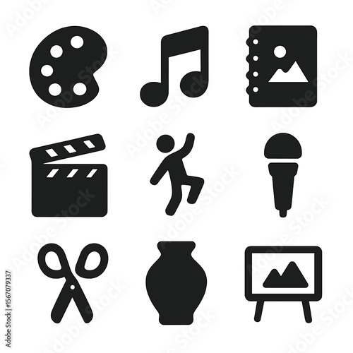Creative Hangouts Icons. Solid, filled icons set of creative hangouts: paint palette, music note, sketchbook,