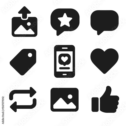 User-Generated Icons Grid. Solid, filled icons set of user-generated branding: photo upload, review bubble,