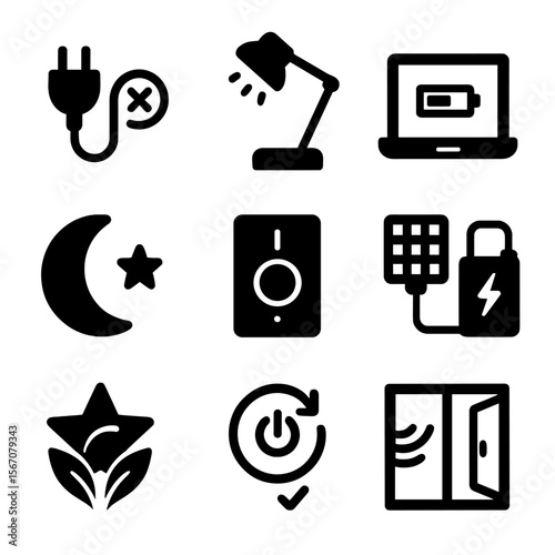Energy Efficiency Icons. Solid, filled icon set of reducing electricity usage: unplugged devices, LED desk lamp, laptop with