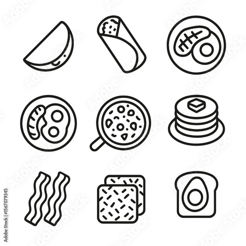 Protein Breakfast Icons. Outline icon set of protein-packed breakfasts: omelette, breakfast burrito, steak and eggs, sausage