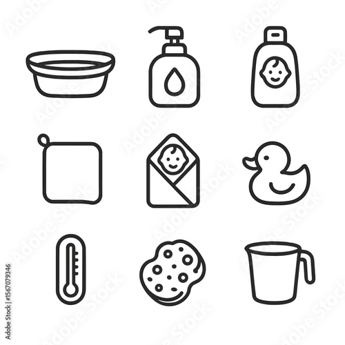 Baby Bath Time Essentials. Outline icon set of baby bath time hygiene: baby bathtub, mild soap bottle, baby shampoo bottle,