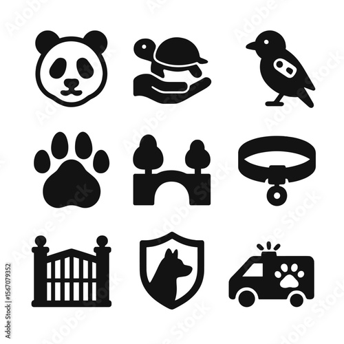 Endangered Species Icons. Solid, filled icon set of endangered species protection: panda icon, turtle rescue, bird with tag,