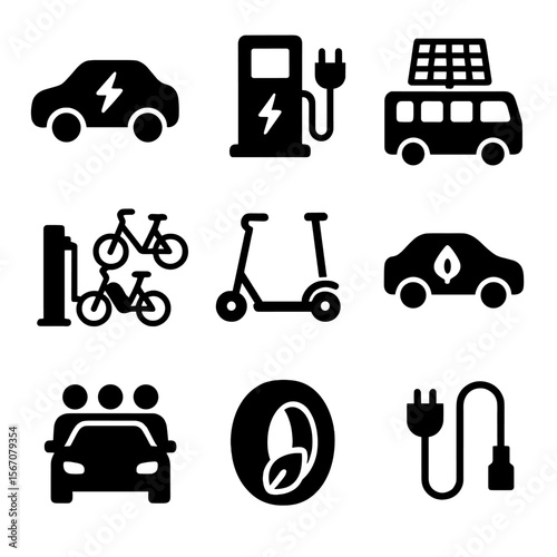 Eco Transport Icons. Solid, filled icon set of clean transportation: electric car, EV station, solar-powered bus, bike share dock,