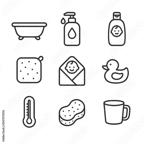 Baby Bath Time Essentials. Outline icon set of baby bath time hygiene: baby bathtub, mild soap bottle, baby shampoo bottle,