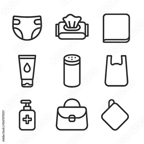Baby Changing Essentials Icons. Outline icon set of baby diaper changing essentials: diaper, baby wipes pack, changing mat, diaper