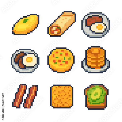 Protein Breakfast Icons. Pixel art icon set of protein-packed breakfasts: omelette, breakfast burrito, steak and eggs, sausage