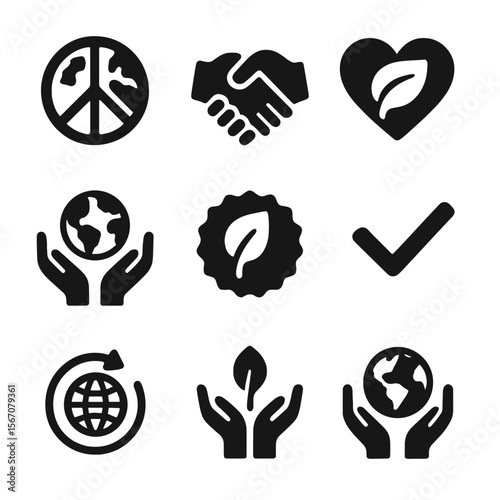 Eco Symbols Grid. Solid, filled icon set of Earth symbols: peace globe, handshake, heart with leaf, earth in hands, eco badge,