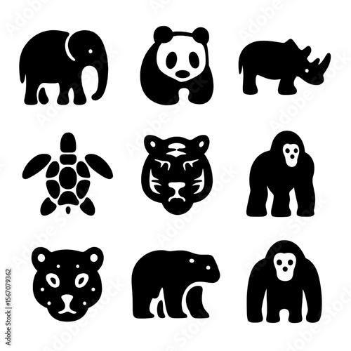 Endangered Species Icons. Solid, filled icon set of endangered species protection: elephant, panda, rhino, sea turtle, tiger,