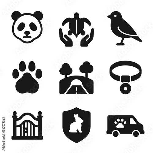 Endangered Species Icons. Solid, filled icon set of endangered species protection: panda icon, turtle rescue, bird with tag,