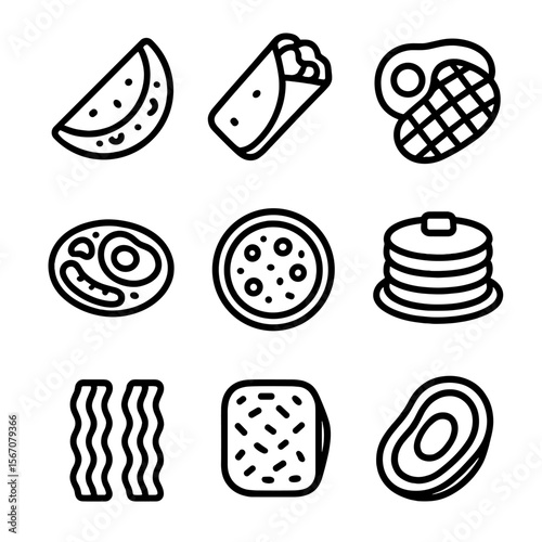 Protein Breakfast Icons. Outline icon set of protein-packed breakfasts: omelette, breakfast burrito, steak and eggs, sausage