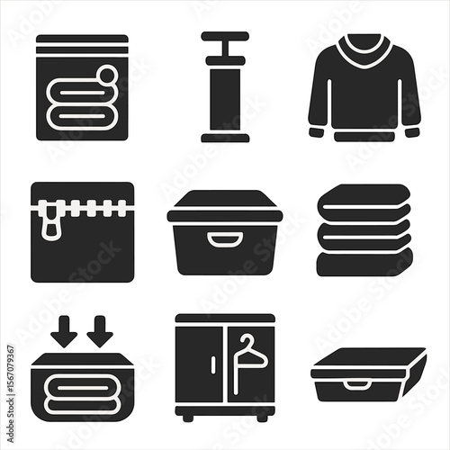 Vacuum Storage Icons. Solid, filled icons set of storing off-season clothes in vacuum-sealed bags: vacuum bag,