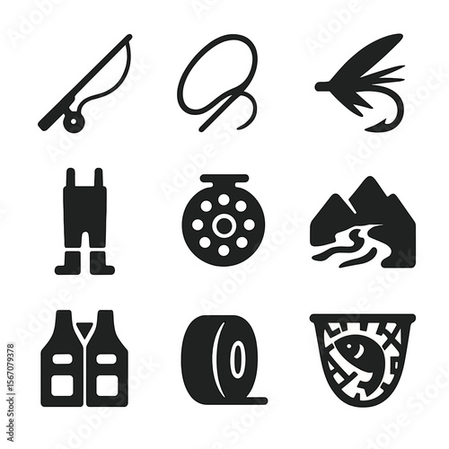 Fly Fishing Icons. Solid, filled icon set of fly fishing: fly rod, casting loop, artificial fly, waders, fly reel, mountain stream
