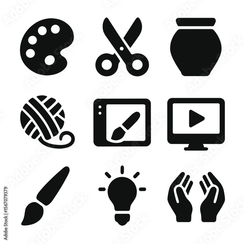 Creative Online Class Icons. Solid, filled icons set of creative online classes: paint palette, craft scissors