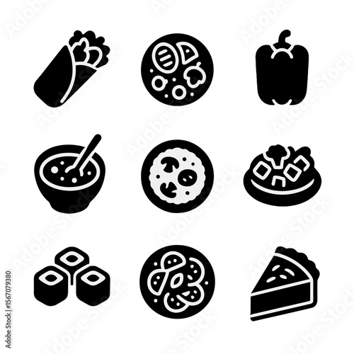 Vegetarian Dishes Icons. Solid, filled icon set of vegetarian dishes: veggie wrap, grilled vegetables, stuffed pepper, lentil soup