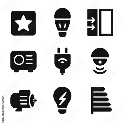 Energy Efficiency Icons. Solid, filled icon set of energy efficiency: energy star, LED light, insulated window, thermostat, smart