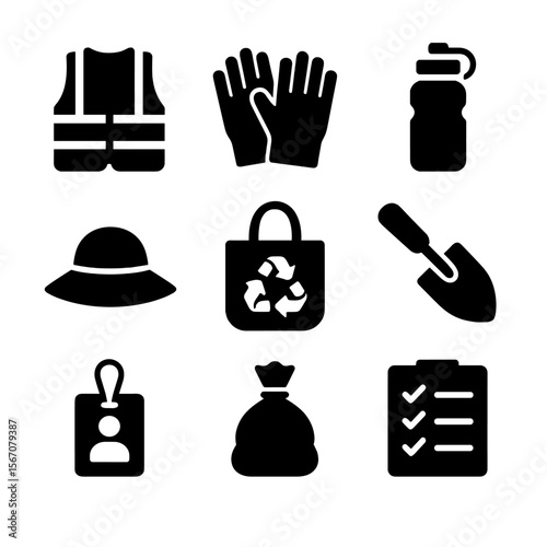Eco Volunteer Essentials. Solid, filled icon set of eco volunteering gear: safety vest, gloves, water bottle, sun hat, reusable