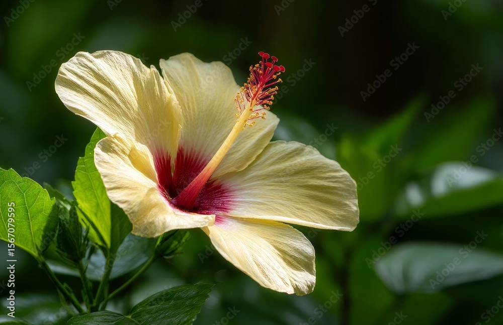 Fototapeta premium A beautiful close-up photo features hibiscus flowers with their distinctive yellow petals and deep red centers, set against a backdrop of green leaves, embodying the essence of nature, the science of