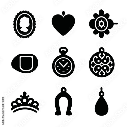 Vintage Jewelry Icons. Solid, filled icon set of antique and vintage jewelry: cameo, locket, brooch, signet ring, pocket watch,