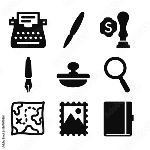 Vintage Desk Icons. Solid, filled icon set of vintage writing desk accessories: typewriter, letter opener, wax seal, fountain pen,