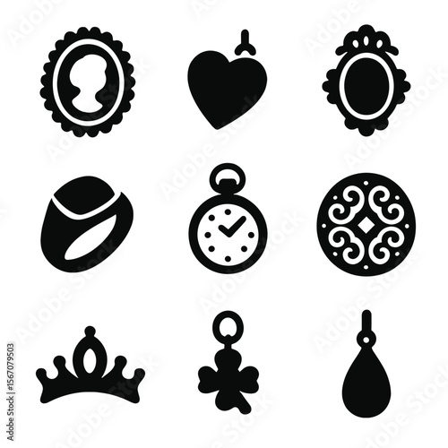 Vintage Jewelry Icons. Solid, filled icon set of antique and vintage jewelry: cameo, locket, brooch, signet ring, pocket watch,
