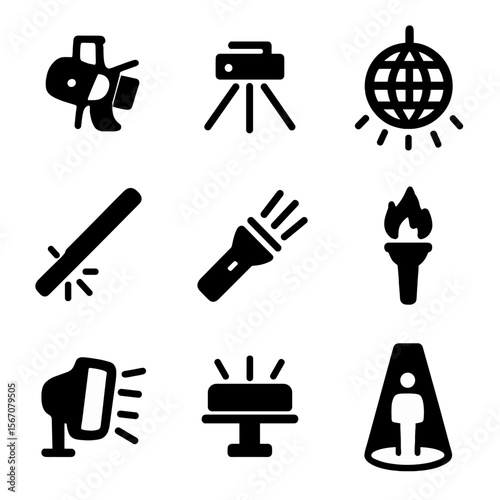 Entertainment Lighting Icons. Solid, filled icon set of rays in entertainment lighting: stage spotlight, laser show, disco ball