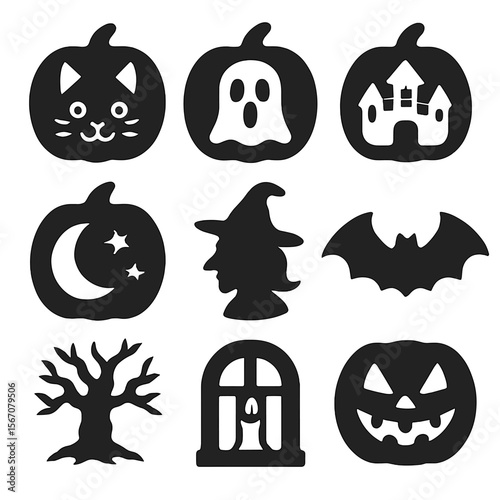 Creative Pumpkin Carving Icons. Solid, filled icons set of creative pumpkin carving ideas: cat face, ghost