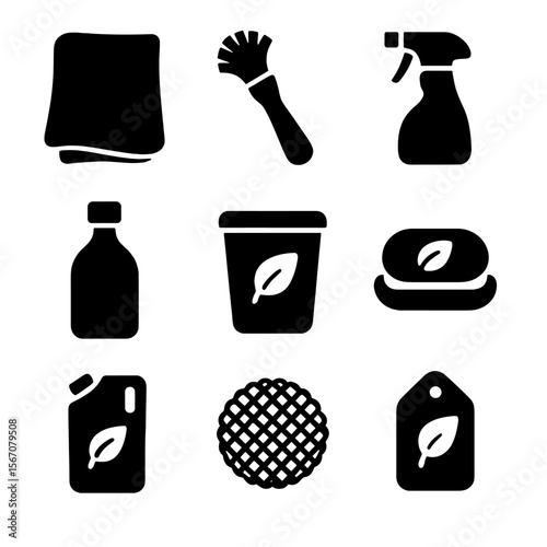Eco-friendly Kitchen Icons. Solid, filled icon set of eco-friendly kitchen cleaning: reusable cloth, bamboo brush, vinegar spray,