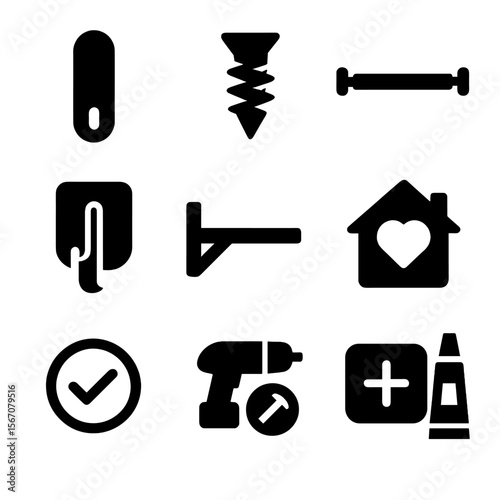 Wall Decor Icons Set. Solid, filled icons set of apartment-friendly wall setups: adhesive strip, drywall