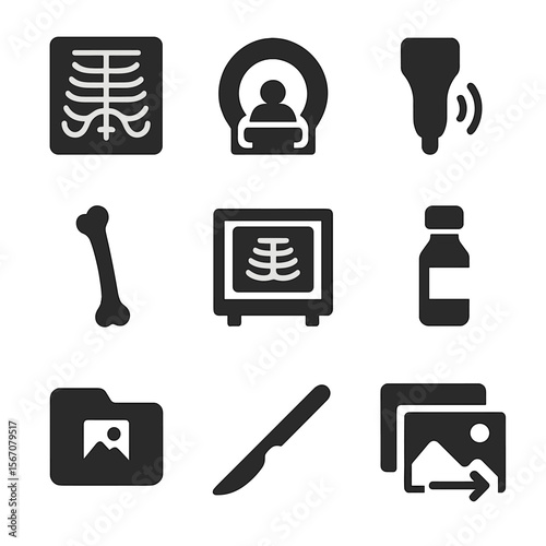 Radiology Icon Set. Flat icon set of imaging and radiology: X-ray film, MRI scanner, ultrasound probe, CT slice, bone silhouette,