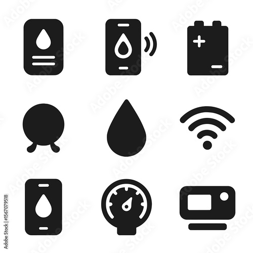 Water Leak Detection Icons. Solid, filled icons set of water leak detection devices: smart sensor, mobile