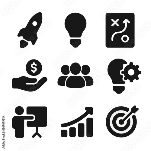 Entrepreneurship Icon Set. Solid, filled icon set of entrepreneurship: startup, idea bulb, business plan, funding, team,