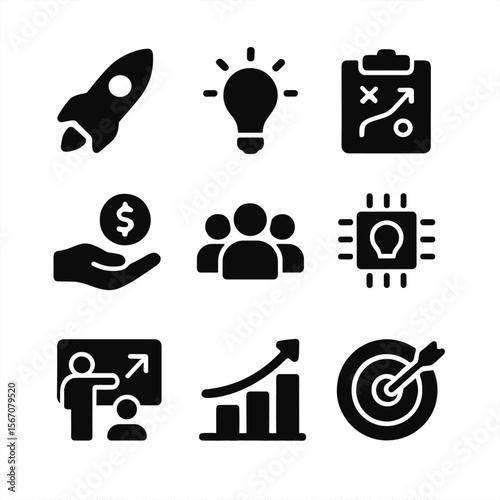 Entrepreneurship Icon Set. Solid, filled icon set of entrepreneurship: startup, idea bulb, business plan, funding, team,