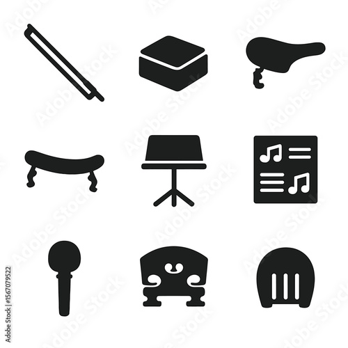 Violin Accessories Icons. Solid, filled icon set of violin accessories: violin bow, rosin block, chin rest, shoulder rest, music