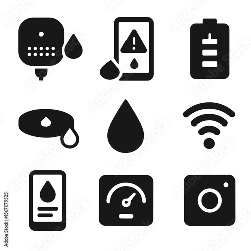 Water Leak Detection Icons. Solid, filled icons set of water leak detection devices: smart sensor, mobile