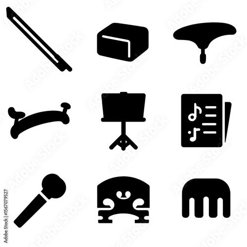 Violin Accessories Icons. Solid, filled icon set of violin accessories: violin bow, rosin block, chin rest, shoulder rest, music